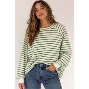 KULE The Finn Sweater Womens XL Green Cream Stripe Cotton Crewneck Pullover